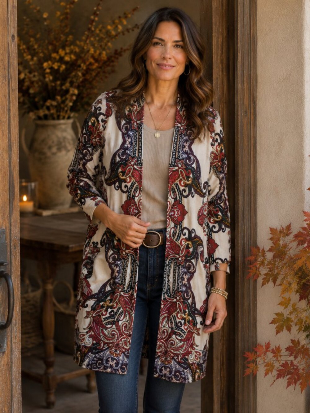 Chico's Cardigan 0 S Paisley Longline Open Front Boho Red Purple Knit Duster